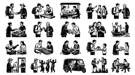 Naklejka premium Black and White Line Art Illustrations of Travel, Tourism, and Diverse Cultural Interactions