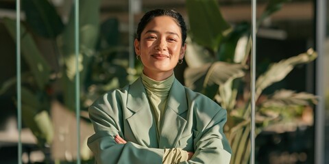 Obraz premium Confident young woman in mint green suit with indoor plants background for corporate profile and website banner design