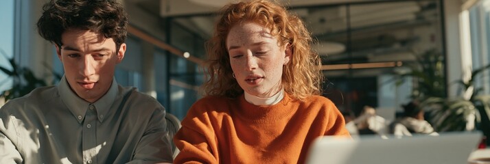 Obraz premium Two coworkers working together at a laptop in a contemporary sunlit office with plants for team collaboration banner and corporate training background