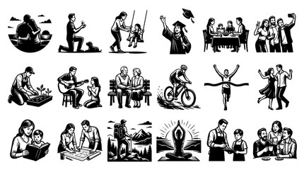 Obraz premium Black White Line Art Lifestyle Illustrations Set: People, Family, Activities, Relationships, Milestones