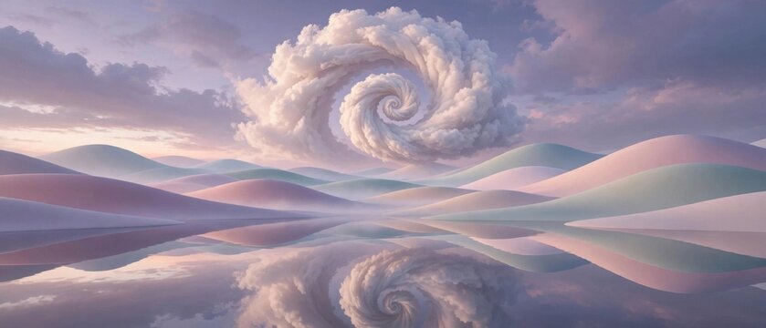 Surreal Swirling Cloud Formation Over Reflective Dreamscape Landscape.