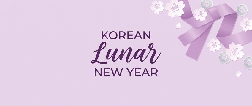 Korean Lunar New Year banner background with traditional ribbon blossom flowers and coins for Seollal holiday celebration greeting card header design template with copy space in pastel purple