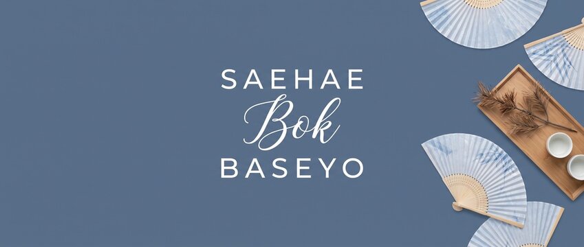Korean New Year Background Banner with Traditional Folding Fans Tea Set Pine Branch Flat Lay for Saehae Bok Baseyo Lunar New Year Greeting Card Template Minimalist Blue Background Copy Space.