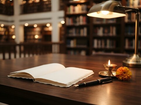 An open notebook with a lit diya lamp on a desk for a peaceful diwali celebration study session
