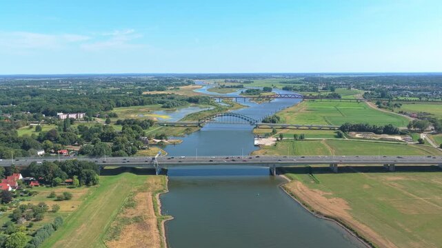 Aerial view of ijssel river bridges and highway traffic near zwolle