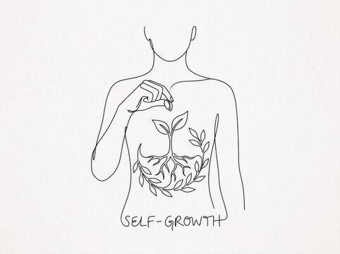 Single line art of a person planting a seed inside their own chest, self-growth and inner transformation concept