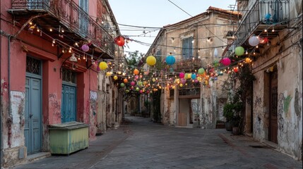 Fototapeta premium Narrow cobbled street with colorful lanterns strung overhead, flanked by weathered buildings
