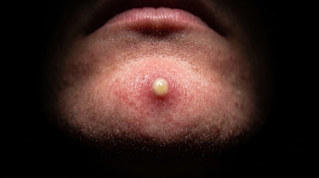Macro close up of large inflamed pimple zitative pustule with whitehead on chin skin
