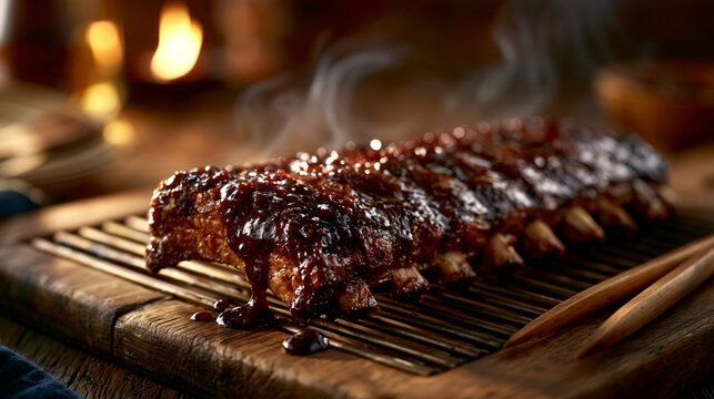 Rack of barbecue pork ribs with sweet glaze smoking on a wooden cutting board, barbecue