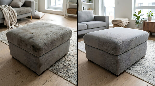 Comparison of a plush, worn-out ottoman and a new, pristine upholstered footstool in a modern living room for interior decor
