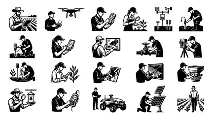 Fototapeta premium Smart Farming and Precision Agriculture Technology Icons - Black and White Glyph Line Art Set