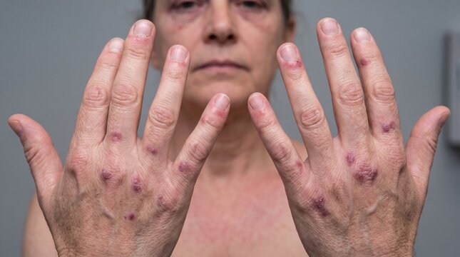 Realistic Clinical Close Up of Dermatomyositis with Gottron Papules and Periungual Changes