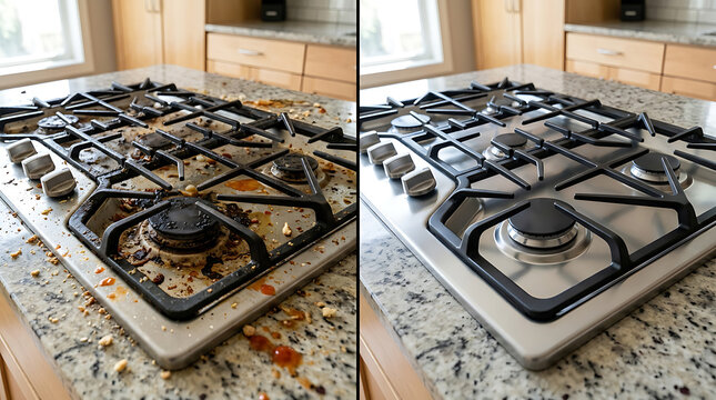 Comparison of a Dirty Burned Gas Stove and a Clean Modern Gas Burner Showcase in Kitchen Environment