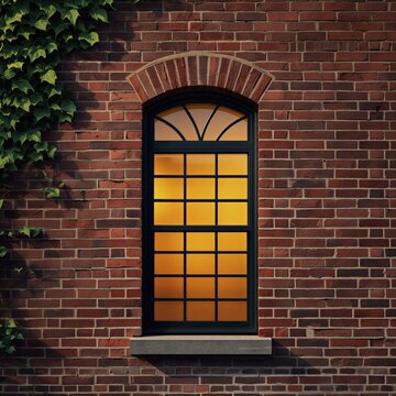 Weathered red brick building facade with tall arched window and warm glowing light and climbing ivy, generative AI