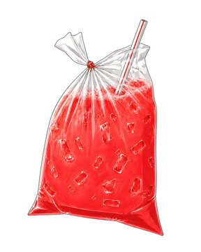 Watermelon Juice in Plastic Bag with Straw (Jus Tembikai Ikat Tepi dalam Plastik Bag dengan Straw)
