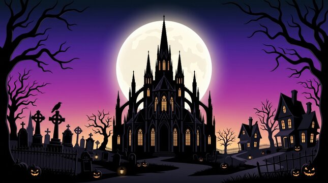 Scary halloween panorama shows a spooky gothic castle and haunted houses in a graveyard under a full moon.