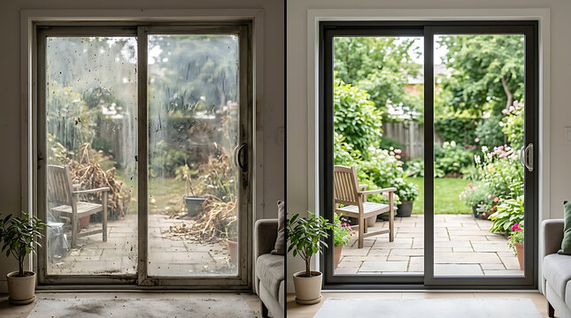Comparison of two sliding glass doors revealing the transformation of a garden from overgrown to well-maintained outdoor space