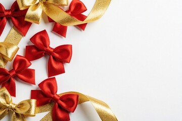 Obraz premium Red and gold bows and ribbons arranged on white surface. Decorative elements create festive look for gifts and holiday celebrations. Shiny satin accessories adorn presents.