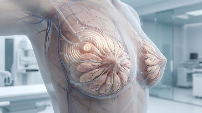 3D Medical Illustration of Female Breast Anatomy with Cancer Nodule