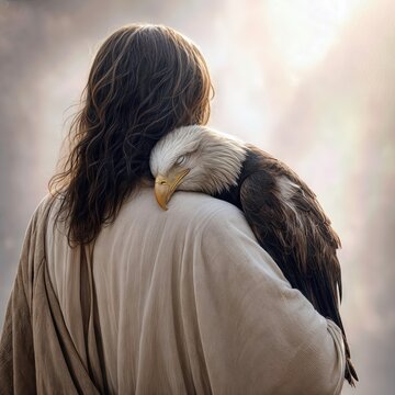 Jesus stands with his back to the viewer, cradling a sick bald eagle on his shoulder, illuminated by gentle, natural light that enhances the poignant atmosphere  