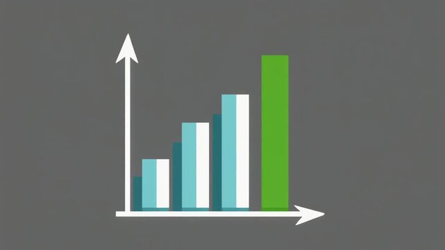 3D bar chart showing upward growth with blue and green columns on a grey background.