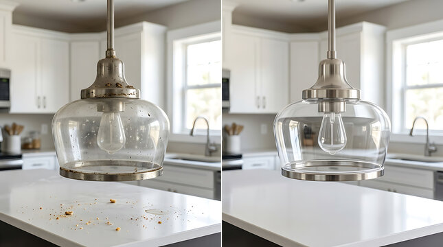 Comparison of two clear glass pendant lights hanging in a bright modern kitchen with white cabinets and countertops