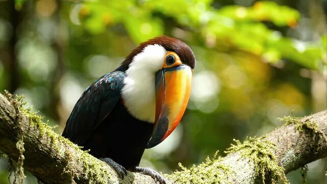 Toco Toucan Perched on Mossy Branch in Tropical Rainforest Jungle