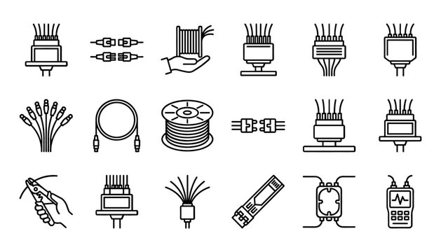 Fiber Optic Cable and Network Connection Line Icon Set with Optoelectronic Component Wire Reel Connector Splicer and Digital Data Communication Symbols