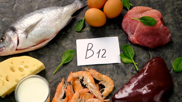 Foods that contain vitamin B12. Selective focus.