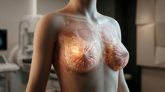 3D Medical Illustration of Female Breast Anatomy with Cancerous Tumor