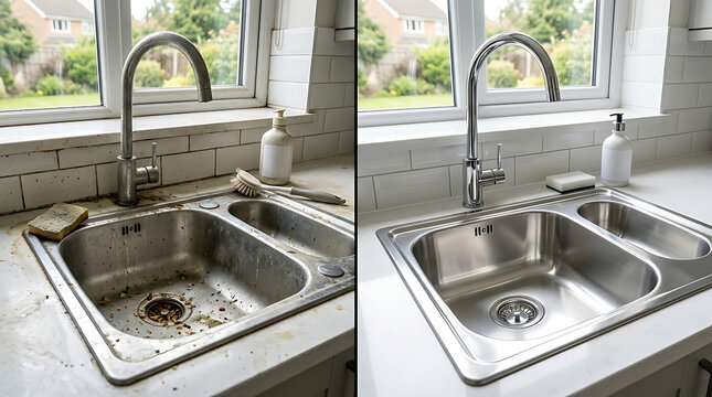 Before and after cleaning stainless steel kitchen sink with modern faucet and white tiled backsplash in a bright kitchen