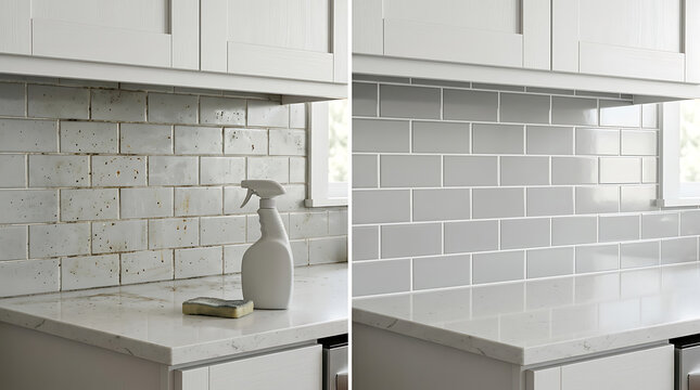 Modern kitchen cleaning scene with contrasting backsplash styles showcasing updated decor and hygiene maintenance practices