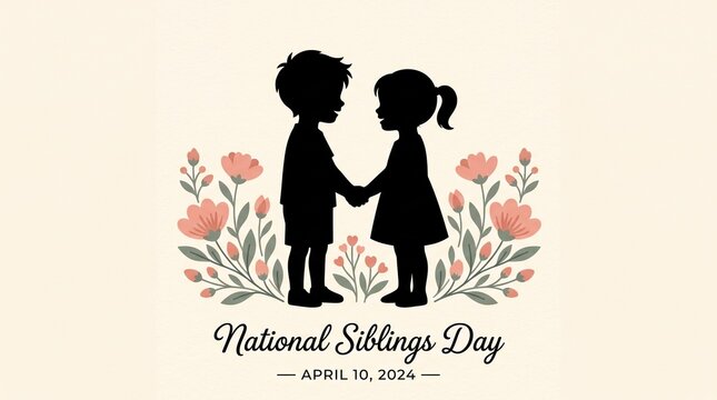 National Siblings Day greeting card, silhouette of brother and sister holding hands, floral illustration for April 10 2024
