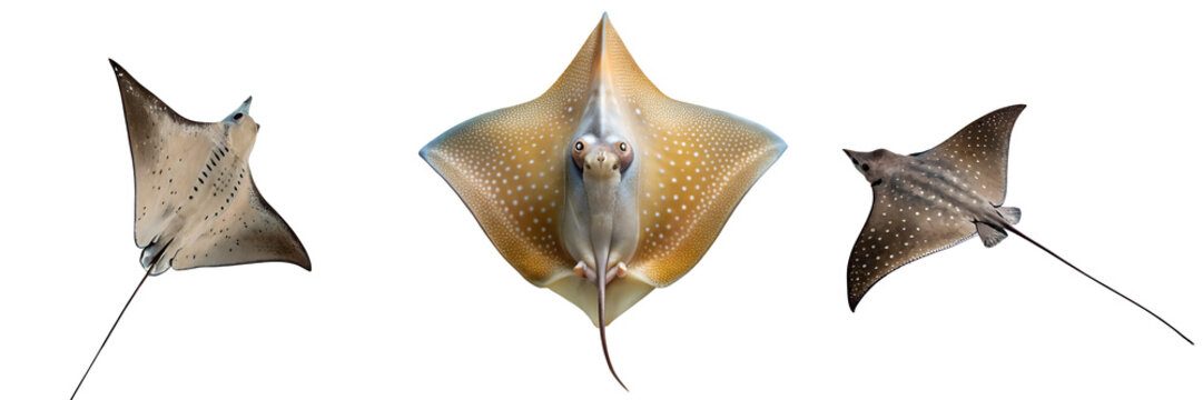  Set of a manta ray with brown and yellow hues, spotted pattern, and a long tail isolated on a transparent background