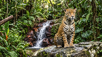 Obraz premium jaguar, pantheraonca, feline, wildcat, predator, mammal, jungle, rainforest, tropical, forest, waterfall, cascade, rock, stone, nature, wildlife, animal, bigcat, southamerica, brazil, conservation, en