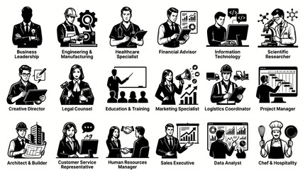 Fototapeta premium Black and White Icons Representing Diverse Professions and Industries in Vector Art Style