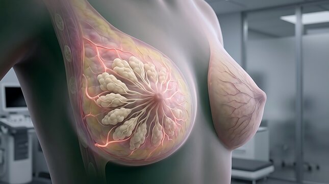 Medical Illustration of Female Breast Anatomy and Mammary Glands