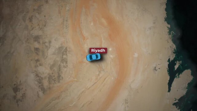 Riyadh to Makkah Car Travel Route Animation on Satellite Map Background