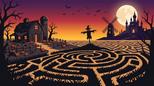 A scary halloween panorama illustration featuring a spooky corn maze, scarecrow, barn, and castle under an eerie full moon and vibrant sunset.
