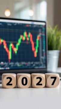 2027 market outlook concept with stock chart representing AI investments, cryptocurrency trends and recession forecasts