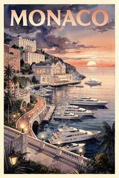 Vintage travel poster illustration of Monaco cityscape at sunset with yachts