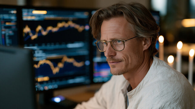 Concentrated forex trader monitoring live currency exchange platform across triple monitors in dimly lit trading room, candlelit desk accent casting warm glow on intense face