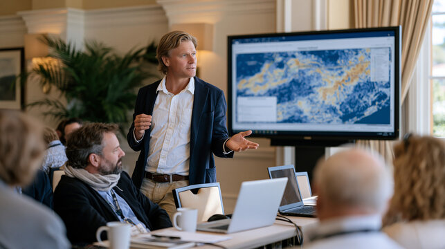 Atmospheric chemist presenting rocket propellant combustion byproduct dispersion models at environmental conference, stratospheric hydroxyl depletion projections mapped over
