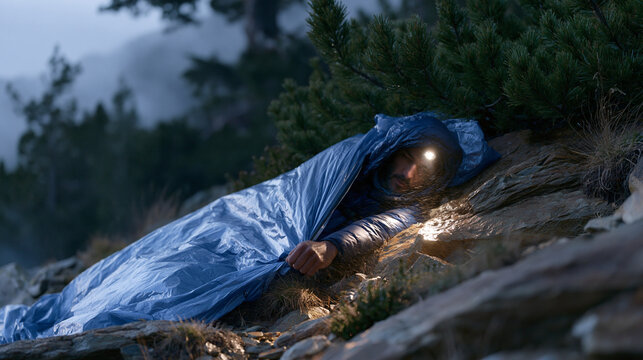 Solo backpacker zipped inside a reflective emergency bivy sack on a talus slope during a sudden storm, headlamp illuminating rain-slicked rocks outside the narrow opening, a hand