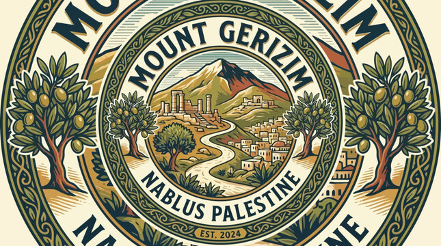 Vintage Mount Gerizim Nablus Palestine travel badge emblem vector illustration. Circular sticker design featuring Middle Eastern landscape scenery for souvenir tourism and destination branding.