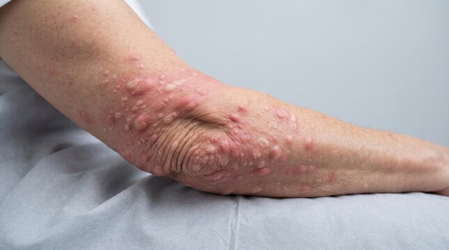 Close up of human arm covered in large itchy hives allergic reaction or nodular prurigo bumps