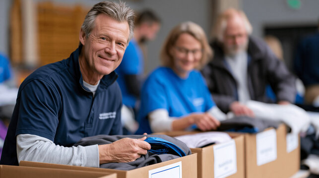 Group of volunteers carefully folding winter coats and sealing them into labeled donation boxes in a community center gymnasium, clothing drive processing, charitable textile