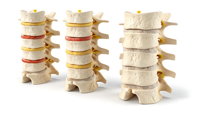 Three stacked wooden lumbar vertebrae models with red spinal discs on white background