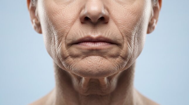 Extreme close up of senior person lower face showing deep wrinkles sagging skin and aging process