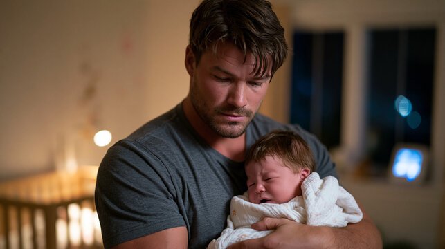 Bleary-eyed father pacing a nursery at two in the morning holding a wailing infant, dark under-eye circles heavy on his face, the crib and baby monitor glowing in the dim room as